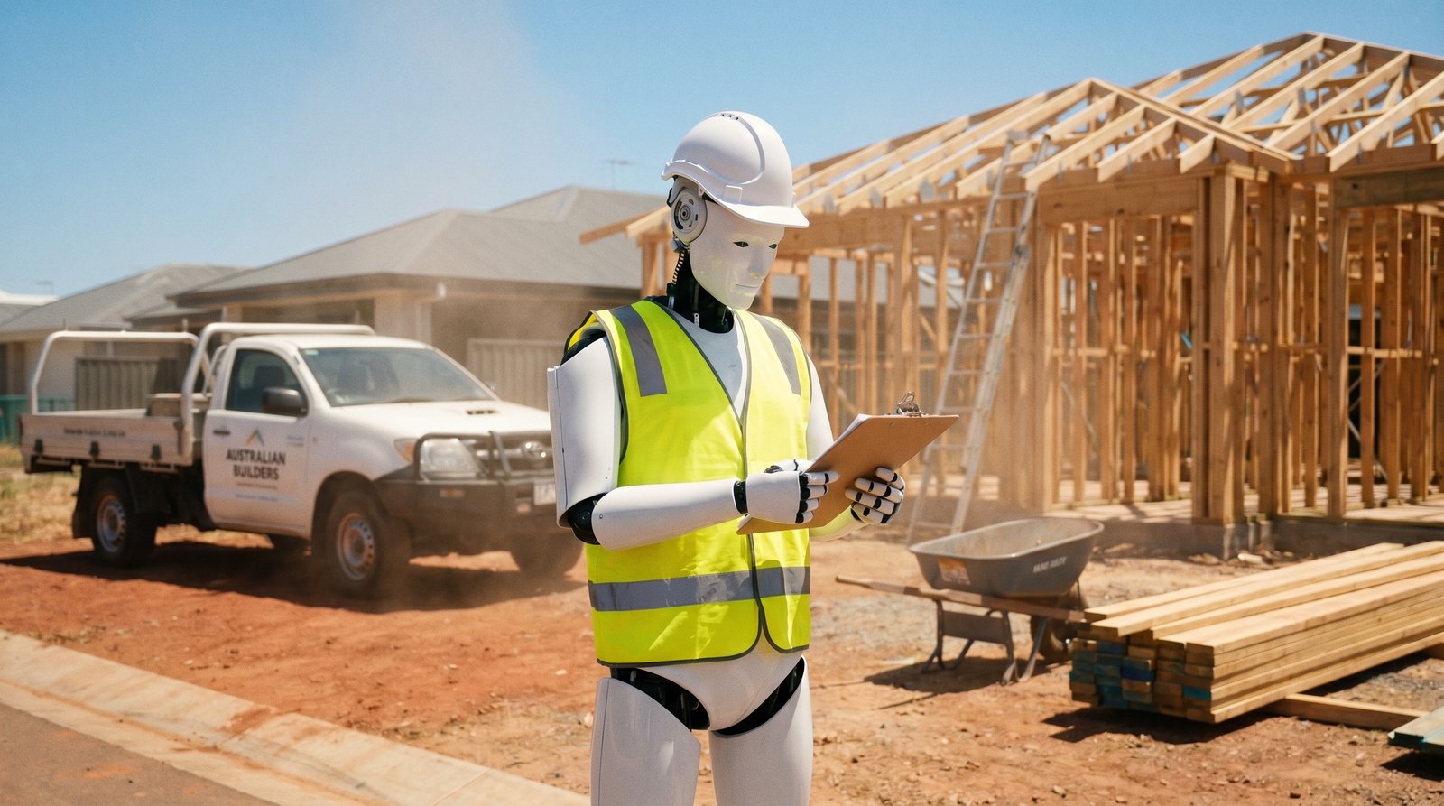 A humanoid robot in hi-vis vest and hard hat on an Australian construction site — your AI apprentice handling the back-of-house