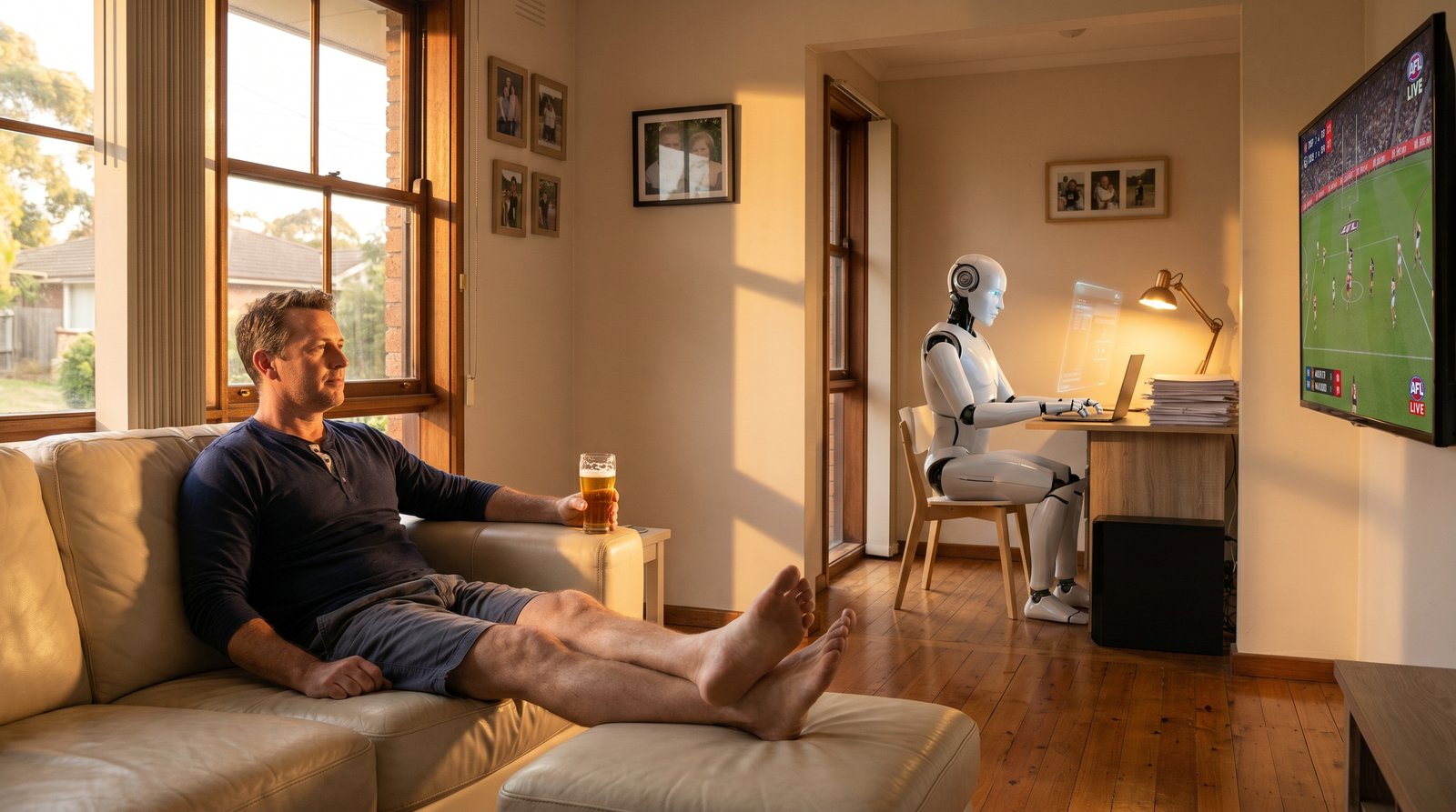An Australian small-business owner relaxing on the couch watching the footy while a robot quietly works at the desk in the background