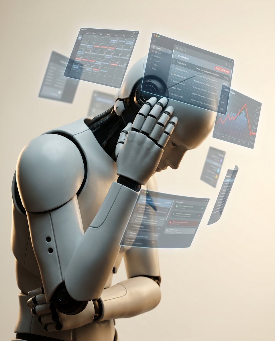 An agent surrounded by chaotic dashboards — the under-systemised state