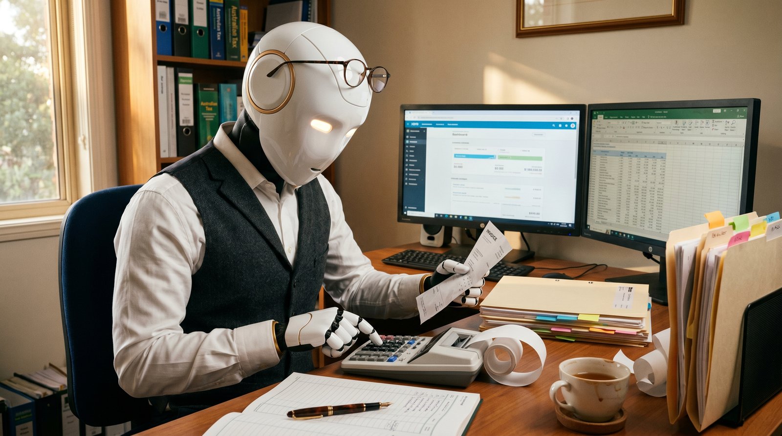 A humanoid robot in a waistcoat working through paperwork at an Australian accountant's desk — the system that handles your books